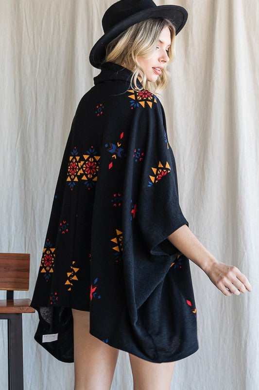 AZTEC PRINT COWL NECK OVERSIZED PONCHO