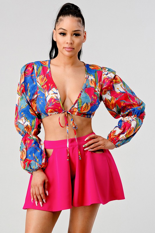 Athina crop printed top and cutout pants set