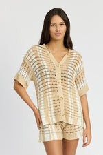 Load image into Gallery viewer, BUTTON UP STRIPED CROCHET TOP
