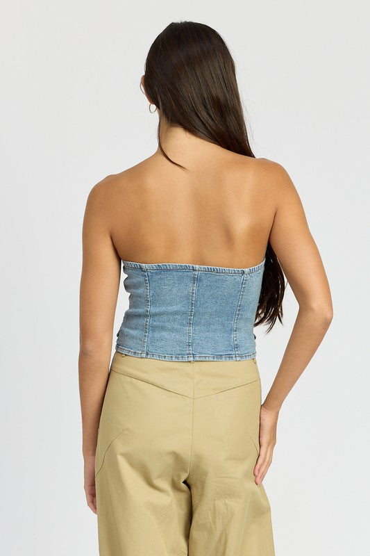 BUTTON FRONT DENIM BUSTIER TOP