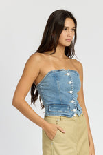 Load image into Gallery viewer, BUTTON FRONT DENIM BUSTIER TOP
