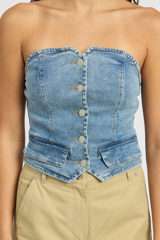 BUTTON FRONT DENIM BUSTIER TOP