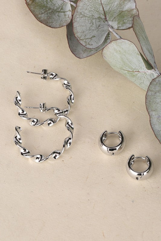 Twisted hoop earring and bold earring set   silver