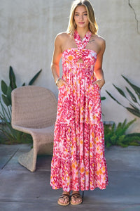 PRINTED SMOCKED RUFFLE MAXI DRESS