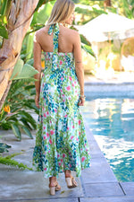 Load image into Gallery viewer, PRINTED SMOCKED RUFFLE MAXI DRESS
